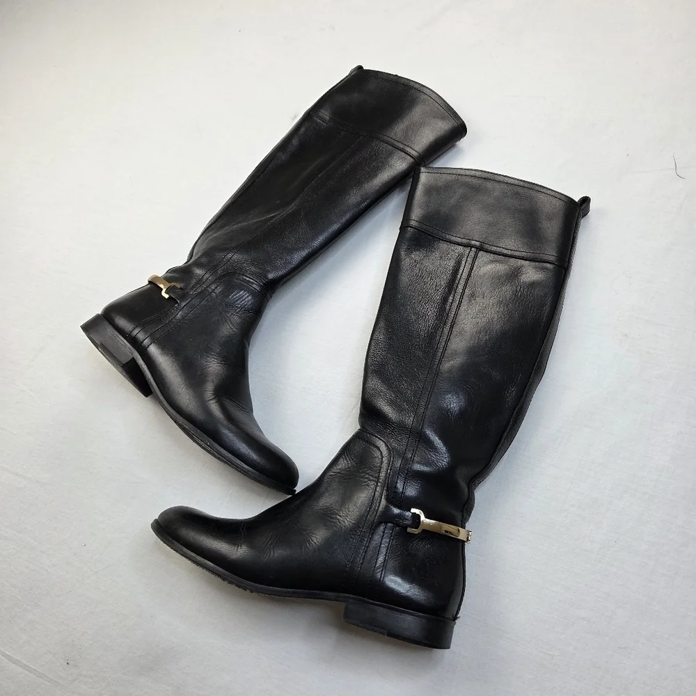 Tory Burch Black Leather Riding Boots 7.5M Gold Logo Hardware Equestrian Tall
